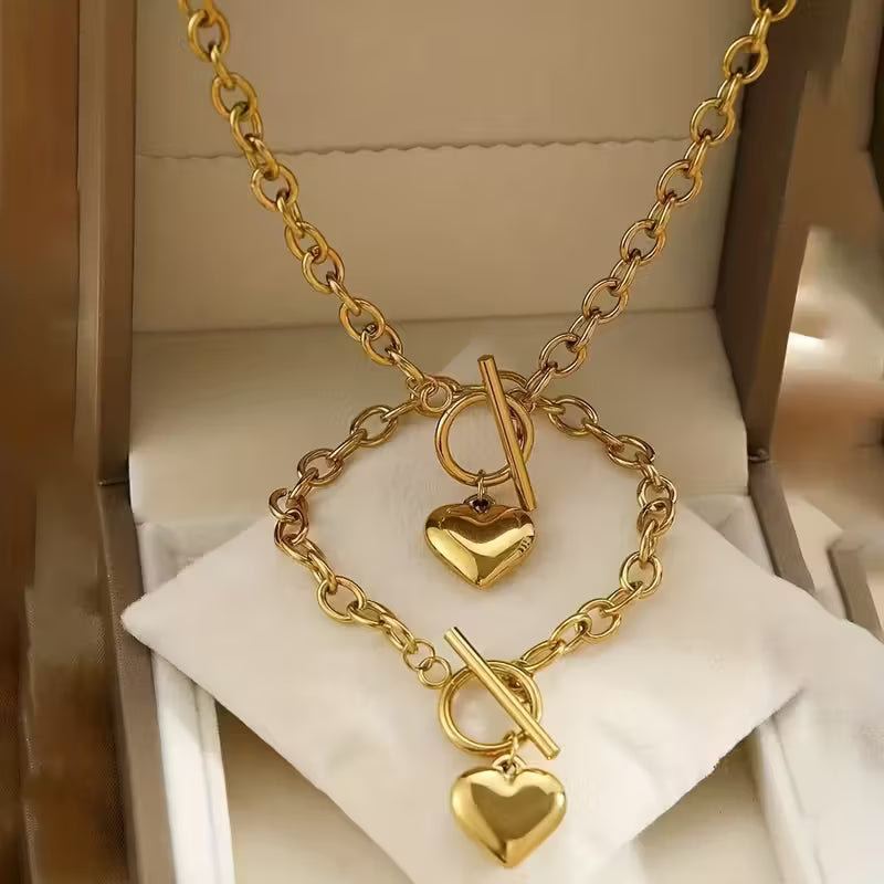 Ensemble 2 pièces pour femmes Bracelet et collier cœur doré en acier inoxydable, élégant et polyvalent