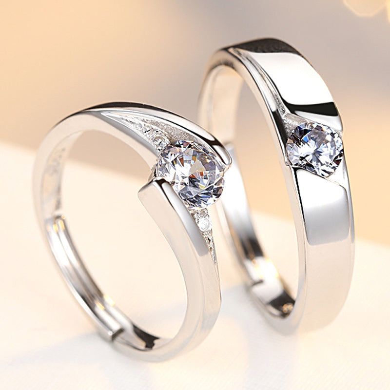 Anneau de couple avec diamants simulés – Une paire d’alliances en argent 925 pour hommes et femmes – Bagues avec lettrage et diamants