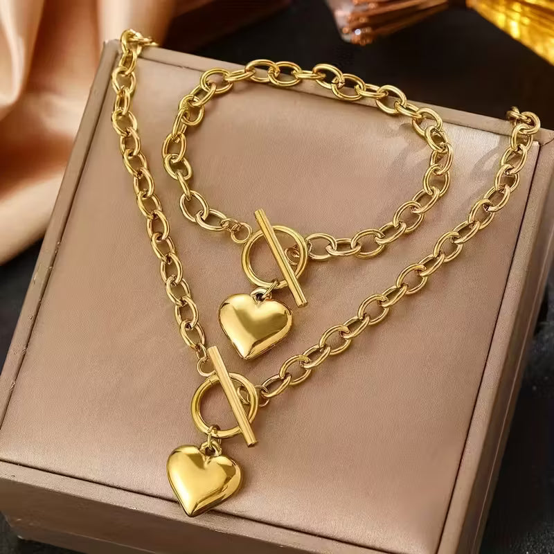 Ensemble 2 pièces pour femmes Bracelet et collier cœur doré en acier inoxydable, élégant et polyvalent
