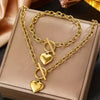Ensemble 2 pièces pour femmes Bracelet et collier cœur doré en acier inoxydable, élégant et polyvalent