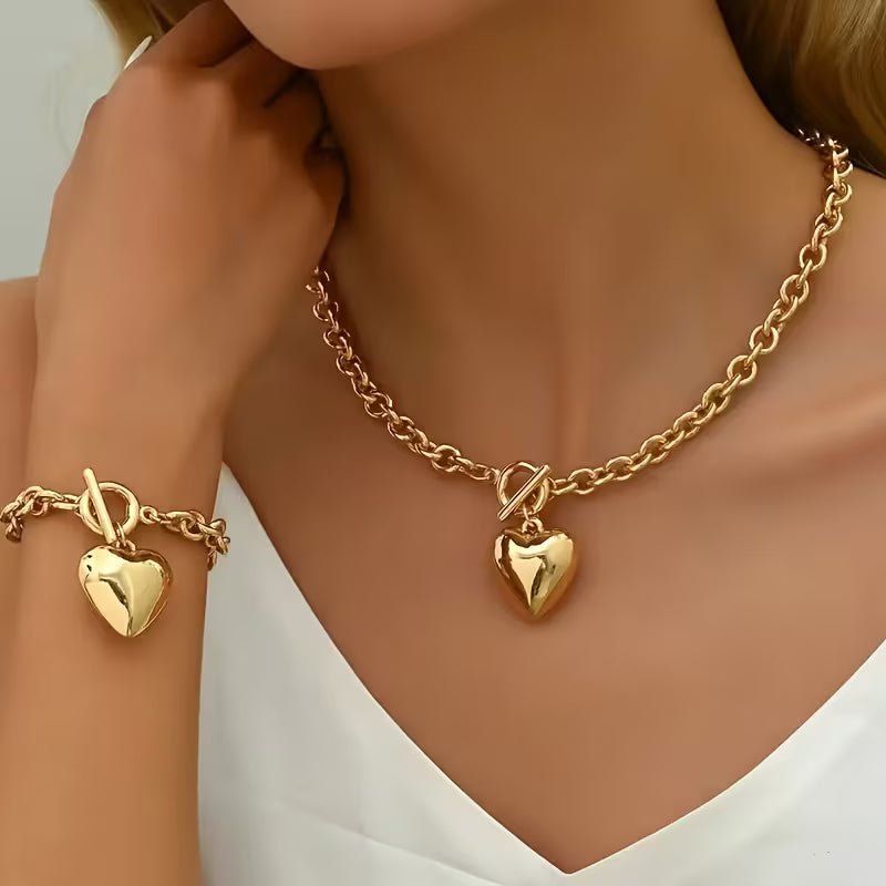 Ensemble 2 pièces pour femmes Bracelet et collier cœur doré en acier inoxydable, élégant et polyvalent